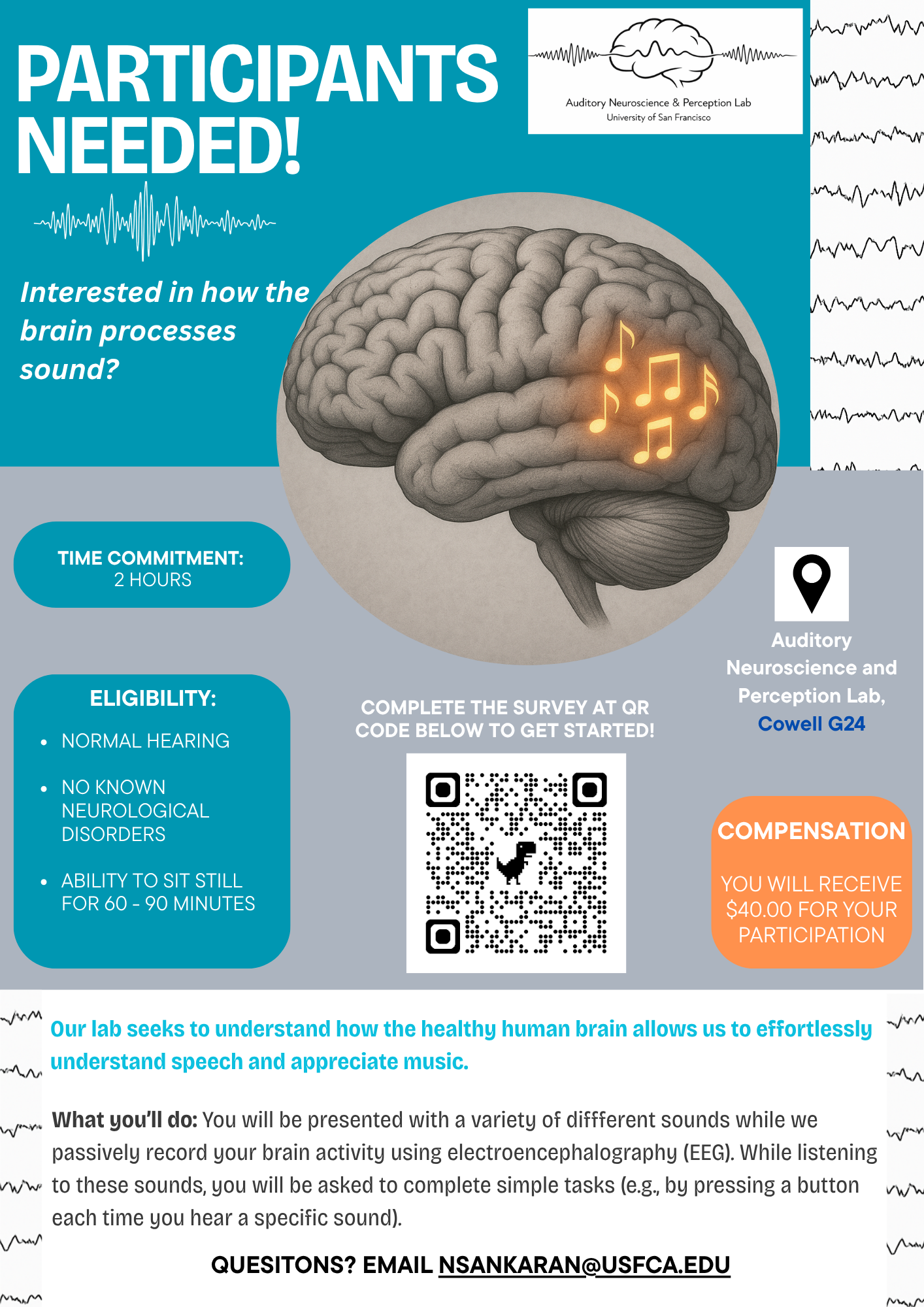 ANPL recruitment flyer: Participants needed for a study on how the brain processes sound